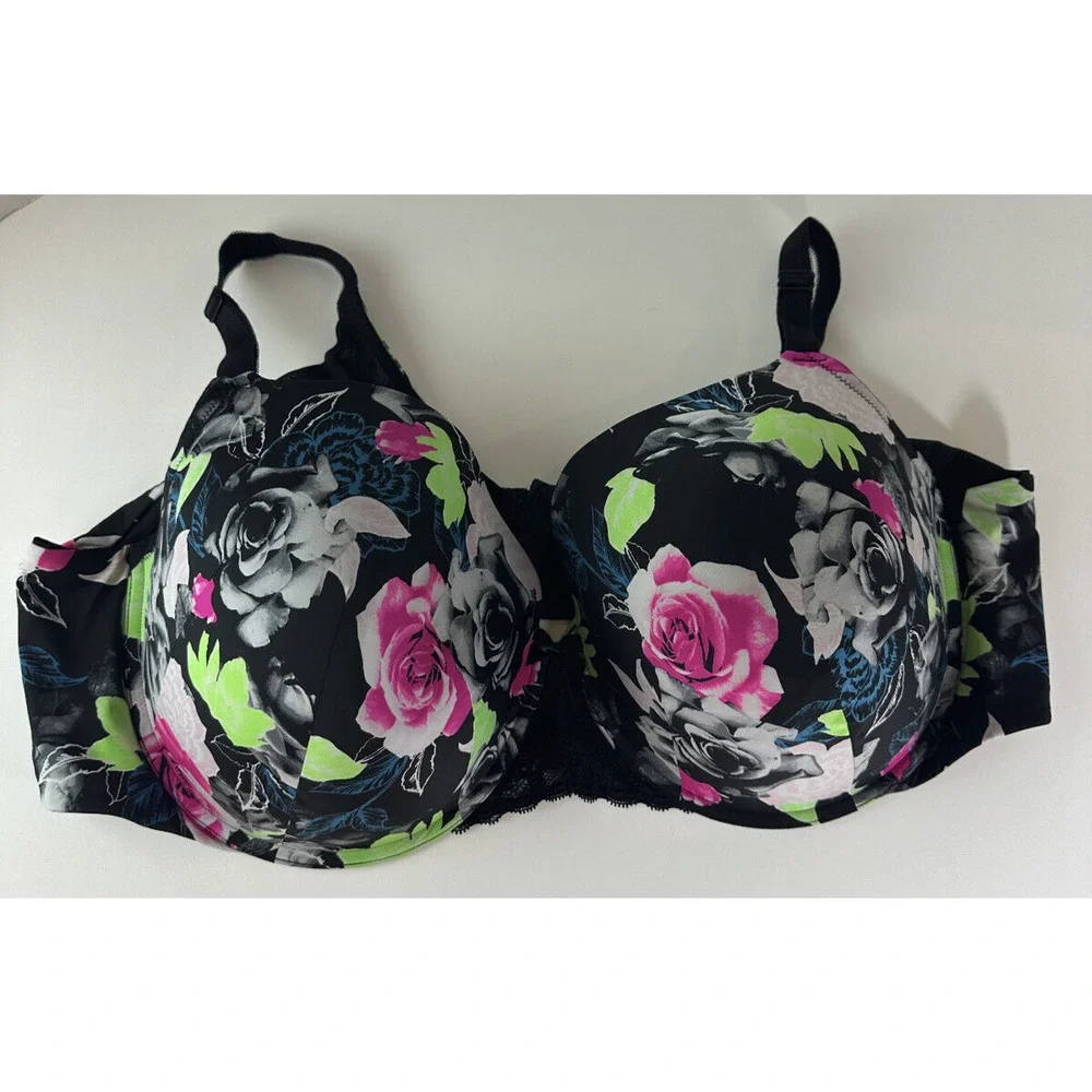Torrid Curve 360 Back Smoothing Perfect T-Shirt Push-Up Bra Floral Black 50D - Picture 2 of 7
